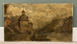 19th CENTURY oil on canvas - cart, figures and buildings near the water's edge with moored boats,