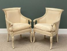 PAIR OF STYLISH ANTIQUE FRENCH STYLE EASY CHAIRS having shaped and scrolled features, 91 (h) x 61 (