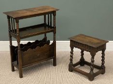 VINTAGE OAK WHATNOT TABLE on bobbin supports, 82 (h) x 66 (w) x 30cms (d) and a similar style rustic