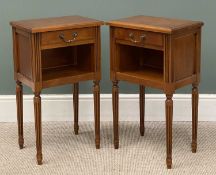 PAIR OF PRESTIGE BEDSIDE TABLES of modern golden mahogany in classic style with single drawers,