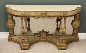 LOUIS XVI STLE GILT PAINTED CARVED WOOD CONSOLE TABLE, shaped and pillared front and mirrored