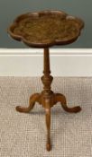 BURR WALNUT ON MAHOGANY SHAPED TOP, TRIPOD WINE TABLE, 50 (h) x 31cms (diam.) Provenance: private
