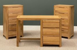 MODERN LIGHT OAK BEDROOM FURNITURE including a pair of narrow five drawer chests, 101 (h) x 56.5 (w)