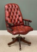 HIGH QUALITY CAPTAIN'S SWIVEL DESK CHAIR having a high button back, in red leather effect, 112 (h) x