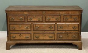 VICTORIAN OAK MULE CHEST having lift-lid, three base drawers, shell and string inlay, brass drop