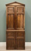VINTAGE PINE BOOKCASE CUPBOARD, the twin door top having steeple cornice and multi shelves, on a