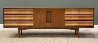 MID-CENTURY TEAK SIDEBOARD having central cupboard doors flanked by three and three drawers for '