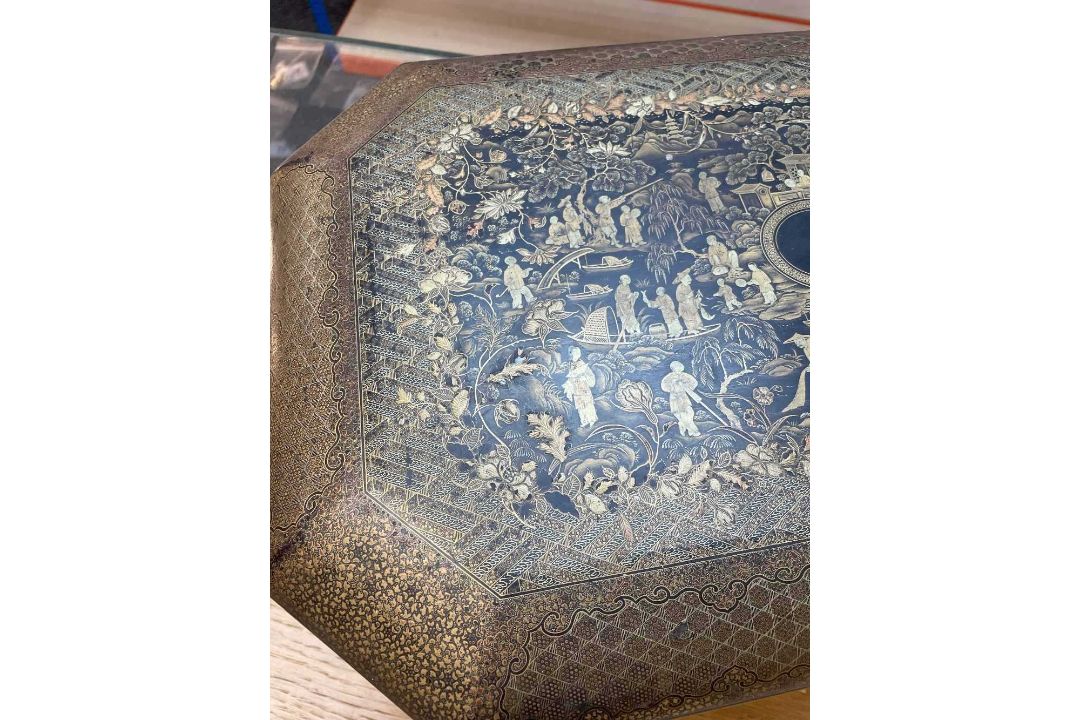 FINE CHINESE BLACK & GOLD LACQUER WORK BOX, 19th C., canted rectangular cushion form, fitted - Image 4 of 42