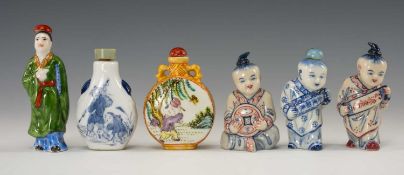 CHINESE SNUFF BOTTLES, comprising 6 porcelain bottles, 3 as figures of boys, another as a scholar,