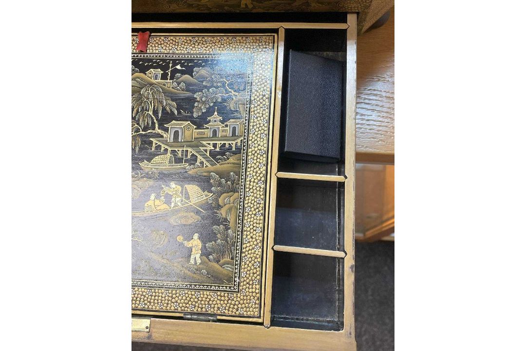 FINE CHINESE BLACK & GOLD LACQUER WORK BOX, 19th C., canted rectangular cushion form, fitted - Image 35 of 42