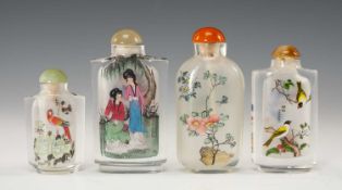 CHINESE SNUFF BOTTLES, comprising 4 inside-painted bottles depicting birds & flowers, pairs of birds