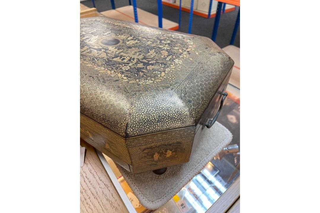 FINE CHINESE BLACK & GOLD LACQUER WORK BOX, 19th C., canted rectangular cushion form, fitted - Image 7 of 42