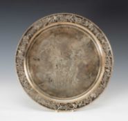 CHINESE SILVER 'SHOULAO' TRAY, c. 1925, circular with engraved centre depiction Shoulao with staff