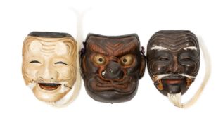 THREE JAPANESE NOH MASKS, including 2 Okina masks and long nosed tengu, 20-21cms (3) Provenance: