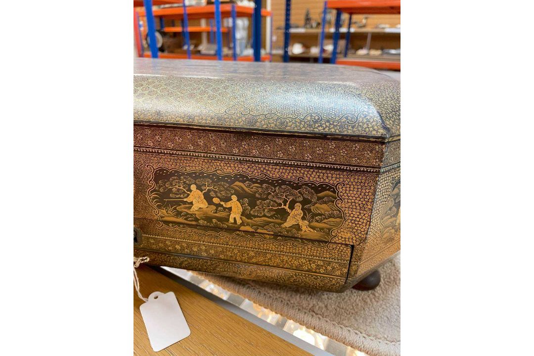FINE CHINESE BLACK & GOLD LACQUER WORK BOX, 19th C., canted rectangular cushion form, fitted - Image 8 of 42