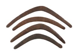 FOUR ABORIGINAL BOOMERANGS, Australia, three lightly incised with dreamtime motifs, largest 68cms (