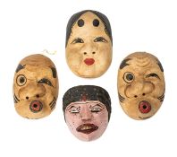 FOUR ASIAN THEATRE MASKS, including Javan Topeng mask, and three papier-mâché Noh masks, 18-21cms (