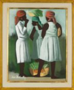 CLAUDE DAMBREVILLE (Haitian, 1934-2021) acrylic on canvas - Market Ladies, three women with