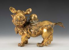 CHINESE GILT COPPER BUDDHISTIC LION CENSER, with cover, 24cms Provenance: private collection