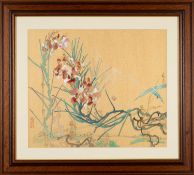 LEE HOCK MOH (Singaporean, b. 1947), ink and watercolour on gilded Japanese paper - Orchids and