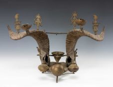 INDIAN RAM'S HORN DESK INKSTAND, 20th C., brass-mounted with Hindu deities, cobra, scorpion,