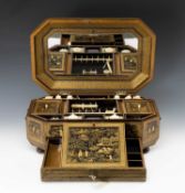 FINE CHINESE BLACK & GOLD LACQUER WORK BOX, 19th C., canted rectangular cushion form, fitted