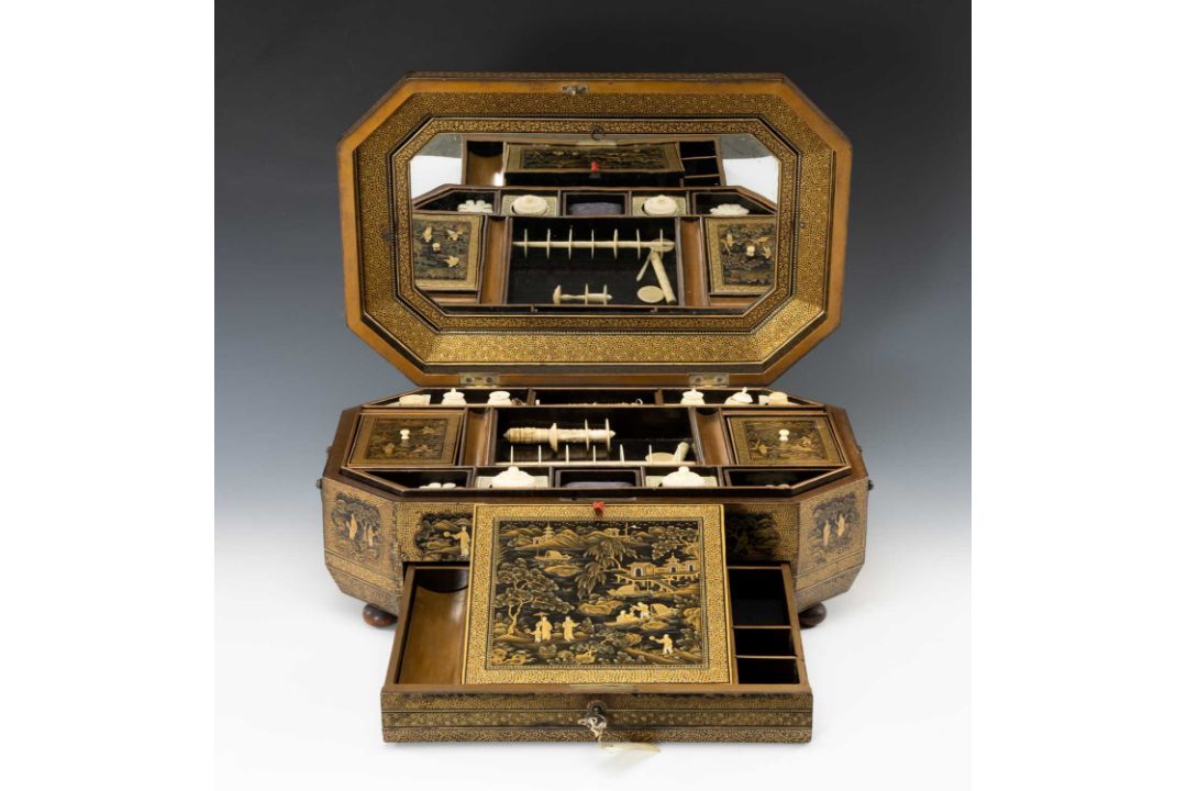 FINE CHINESE BLACK & GOLD LACQUER WORK BOX, 19th C., canted rectangular cushion form, fitted - Image 1 of 42