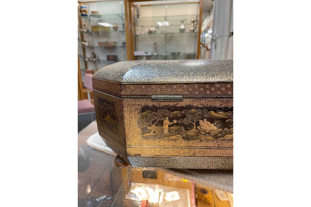 FINE CHINESE BLACK & GOLD LACQUER WORK BOX, 19th C., canted rectangular cushion form, fitted - Image 14 of 42