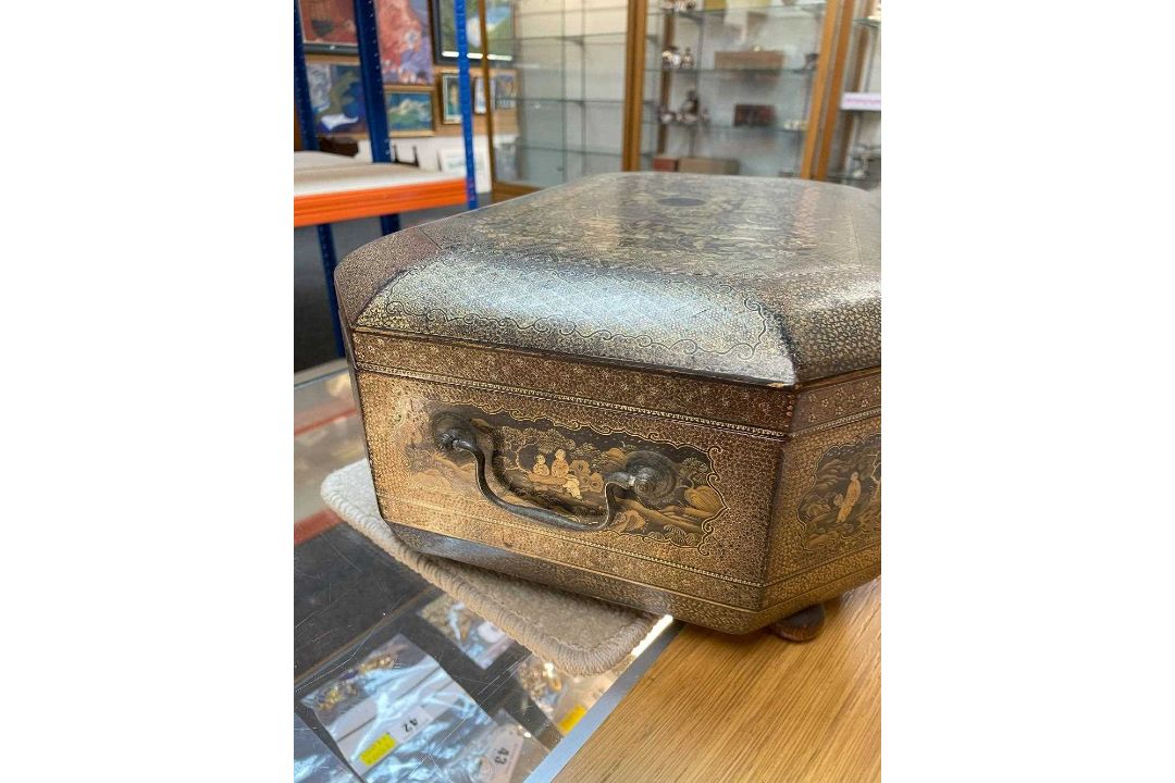 FINE CHINESE BLACK & GOLD LACQUER WORK BOX, 19th C., canted rectangular cushion form, fitted - Image 11 of 42