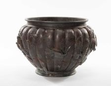 JAPANESE PATINATED BRONZE JARDINIERE, Meiji Period, of lobed form, decorated in relief with