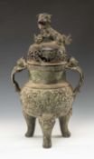 CHINESE BRONZE TRIPOD CENSER, late Qing Dynasty or later, cast with scrolling lotus, animal