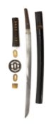 JAPANESE WAKIZASHI, the blade with single mekugi-ana, kanemoto hamon, fully bound rayskin tsuka with