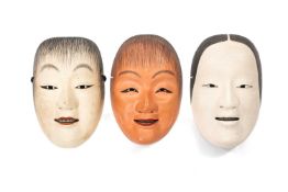 THREE JAPANESE NOH MASKS, all of Ko-omote, two with character marks to rear, all around 21cms (3)