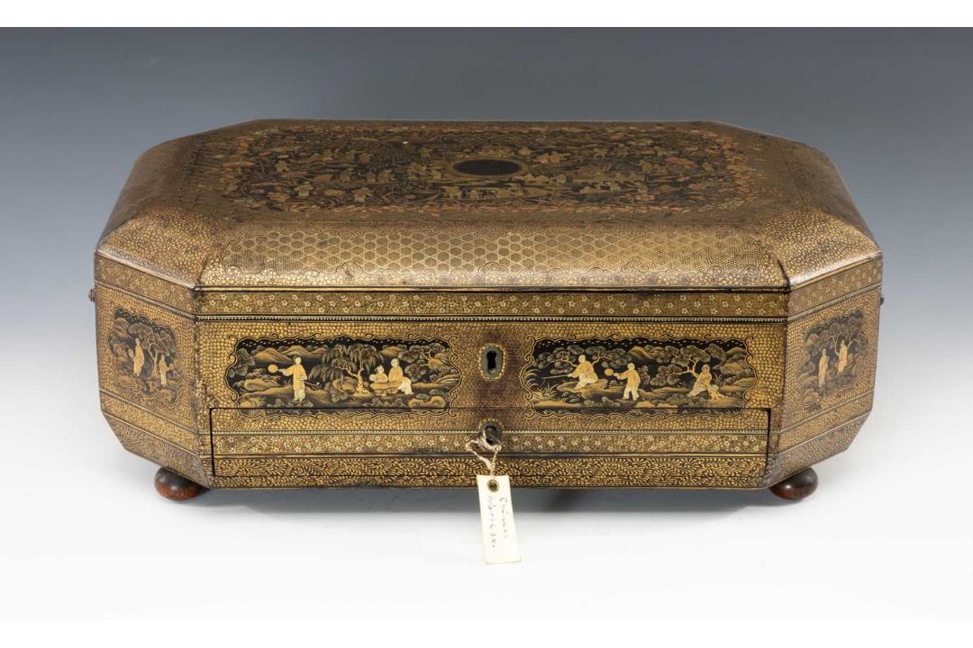 FINE CHINESE BLACK & GOLD LACQUER WORK BOX, 19th C., canted rectangular cushion form, fitted - Image 2 of 42
