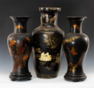 THREE BLACK LACQUER VASES, 20th C, comprising pair Japanese lacquered wood vases decorated with