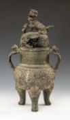 CHINESE BRONZE TRIPOD CENSER, late Qing Dynasty or later, cast with scrolling lotus, animal