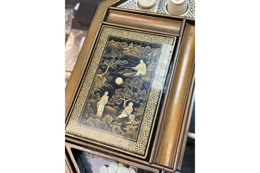 FINE CHINESE BLACK & GOLD LACQUER WORK BOX, 19th C., canted rectangular cushion form, fitted - Image 19 of 42