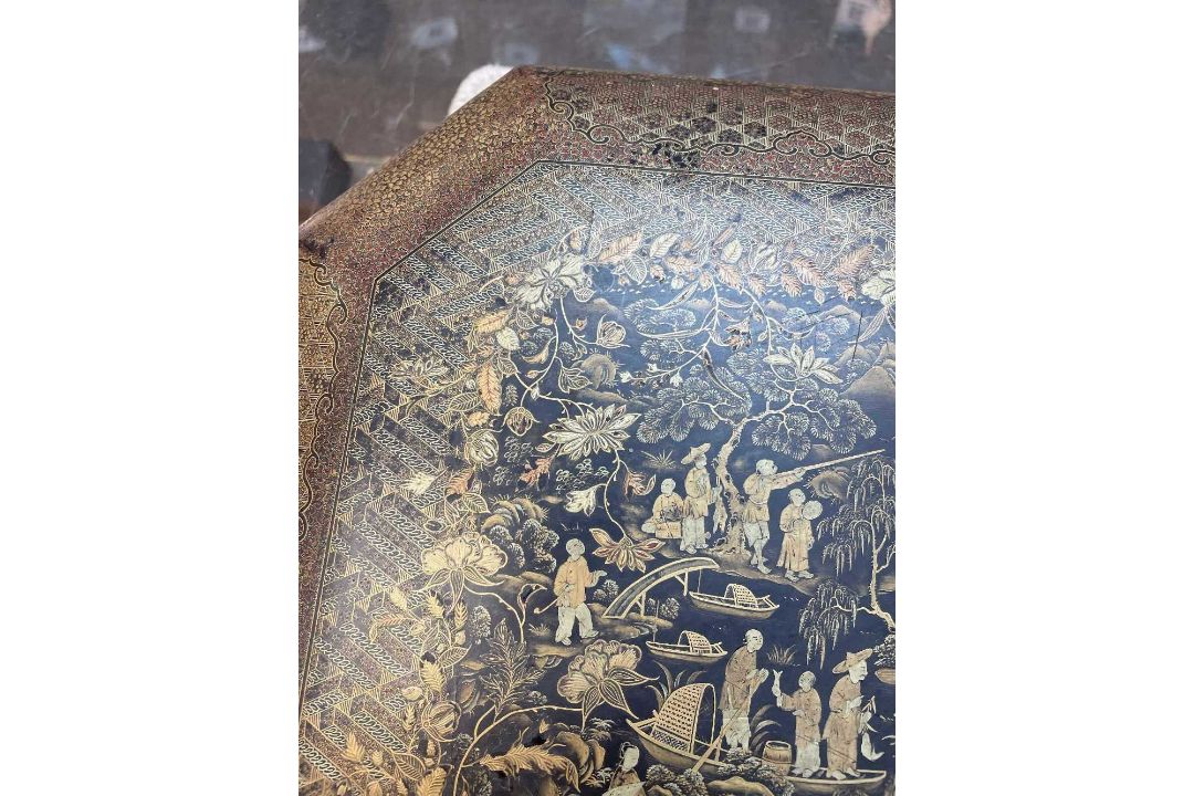 FINE CHINESE BLACK & GOLD LACQUER WORK BOX, 19th C., canted rectangular cushion form, fitted - Image 38 of 42