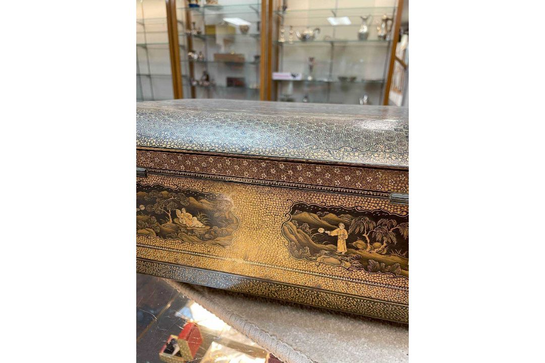 FINE CHINESE BLACK & GOLD LACQUER WORK BOX, 19th C., canted rectangular cushion form, fitted - Image 13 of 42
