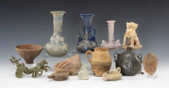 INTERESTING GROUP OF ANTIQUITIES, including three glass flasks, two pottery oil lamps, pottery