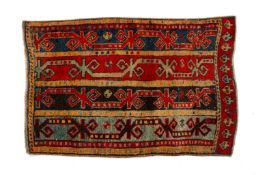 VINTAGE ANATOLIAN WOOL YASTIK, unusual alternate broad band field with undulating hooked vine