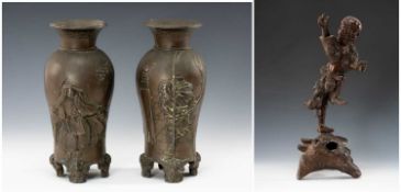 PAIR JAPANESE SPELTER VASES & ROOTWOOD CARVING, Taisho period, patinated, cast with figures tengu,
