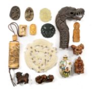 ASSORTED ASIAN HARDSTONE, WOOD & BONE CARVINGS, China and Japan, including mythical animal or shou