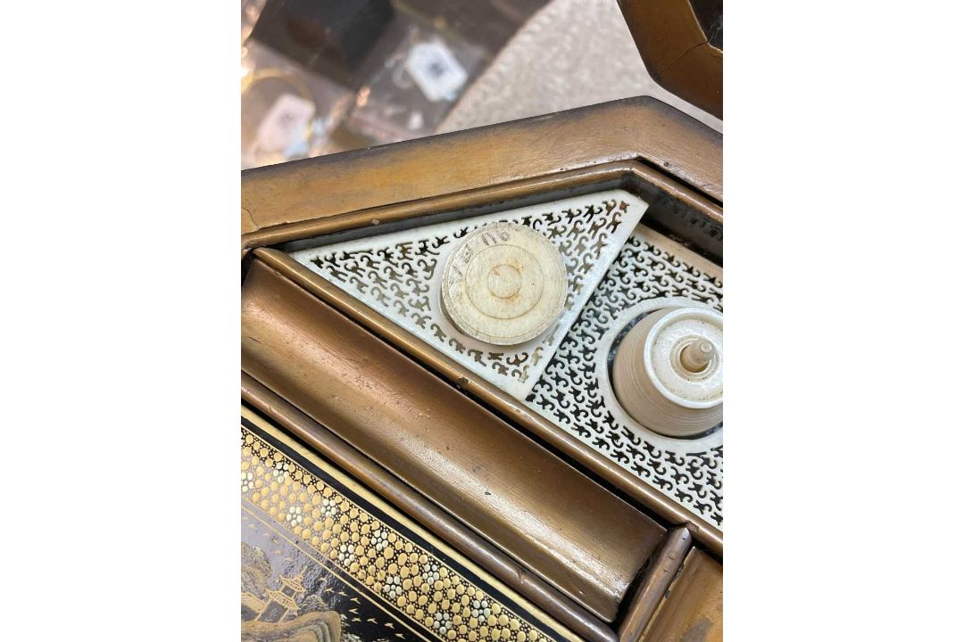 FINE CHINESE BLACK & GOLD LACQUER WORK BOX, 19th C., canted rectangular cushion form, fitted - Image 29 of 42