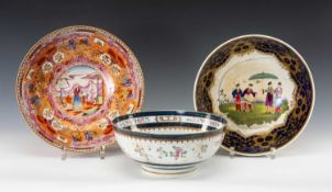 THREE CHINESE STYLE PUNCH BOWLS, comprising French Samson famille rose bowl 25cms (diam.),