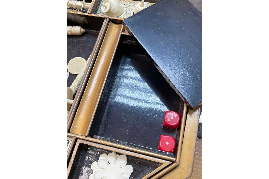 FINE CHINESE BLACK & GOLD LACQUER WORK BOX, 19th C., canted rectangular cushion form, fitted - Image 22 of 42