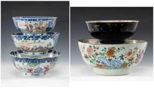 FIVE 18TH C. CHINESE EXPORT PUNCH BOWLS, variously decorated with figures and flowers in