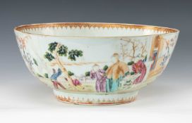 LARGE CHINESE FAMILLE ROSE PUNCH BOWL, Qianlong, painted with Manchu figures in winter clothing in