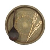 TWO CENTRAL AFRICAN BONE HAIRPINS, probably Zande, largest 18cms, an OTTOMAN WOOD SHERBERT SPOON,