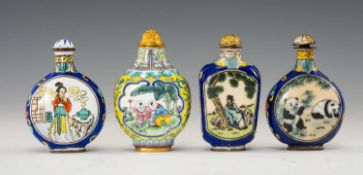 CHINESE SNUFF BOTTLES, comprising 4 enamelled metal bottles depicting panda, scholars, elegant
